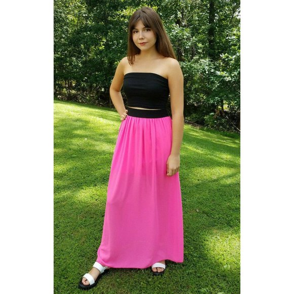 Medium Love Culture Cute Hot Pink & Black Chiffon Maxi Long Skirt EUC Womens Jrs - Picture 2 of 2